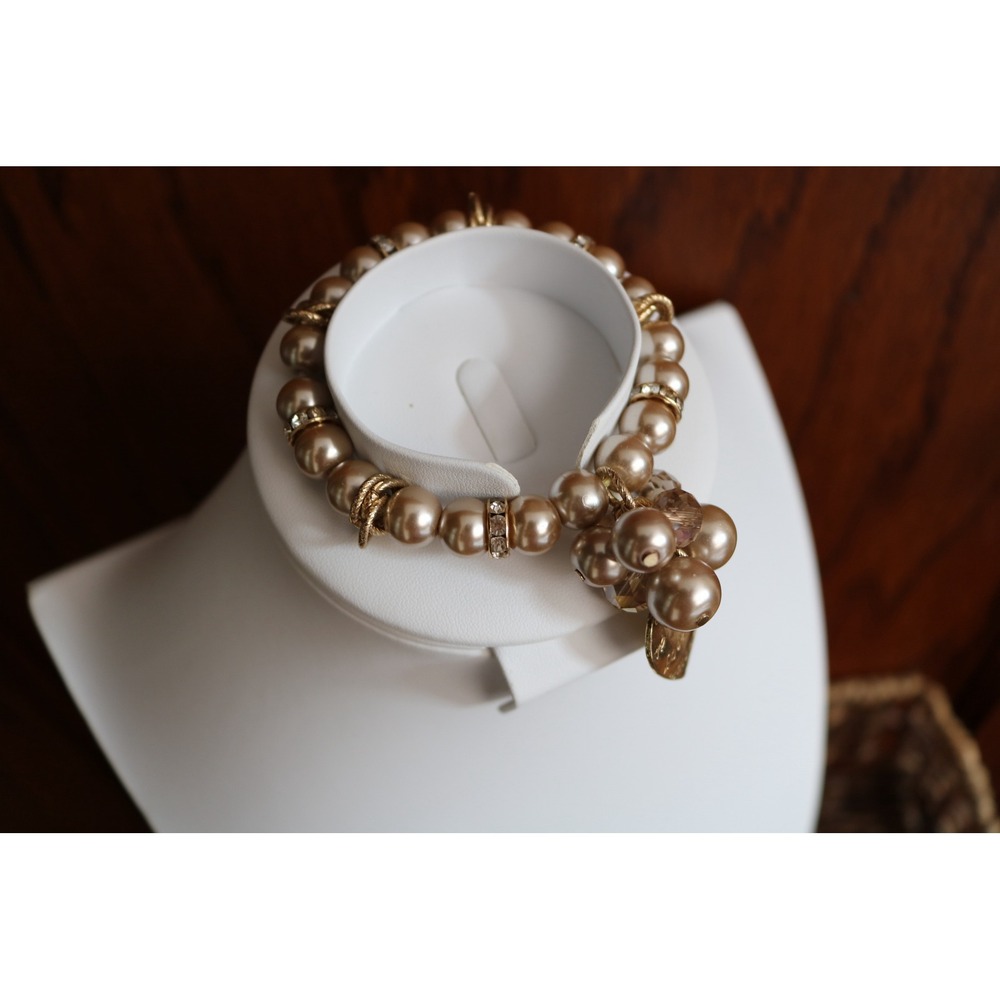 Faux Pearl Heart Charm Bracelet Women OS Champagne Excellent Stretch - Picture 2 of 5